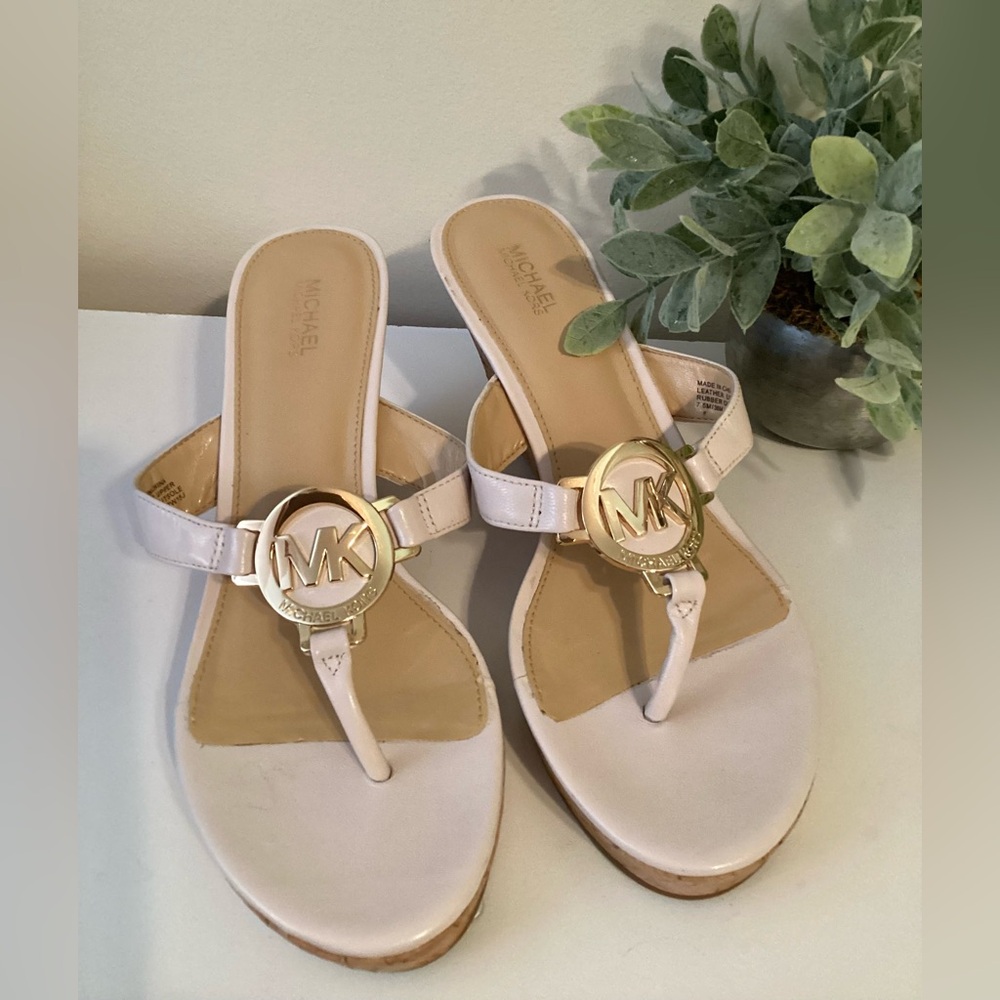 Michael Kors Leather Thong Cork Wedge Sandals Size 7
